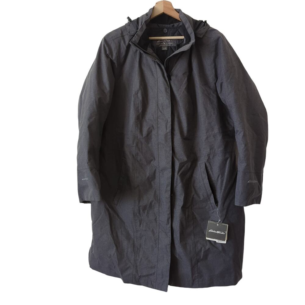 Eddie Bauer Womens Longline Gray Trench Jacket Size 1X Hooded Weatheredge Lined